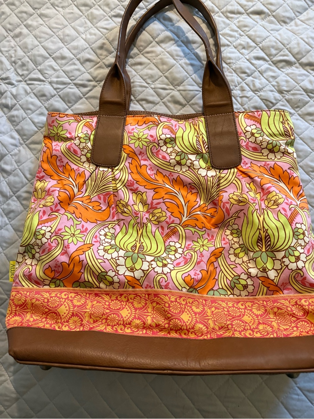 Amy Butler for Kalencom Floral Pink & Orange  Tote with leather Trim
